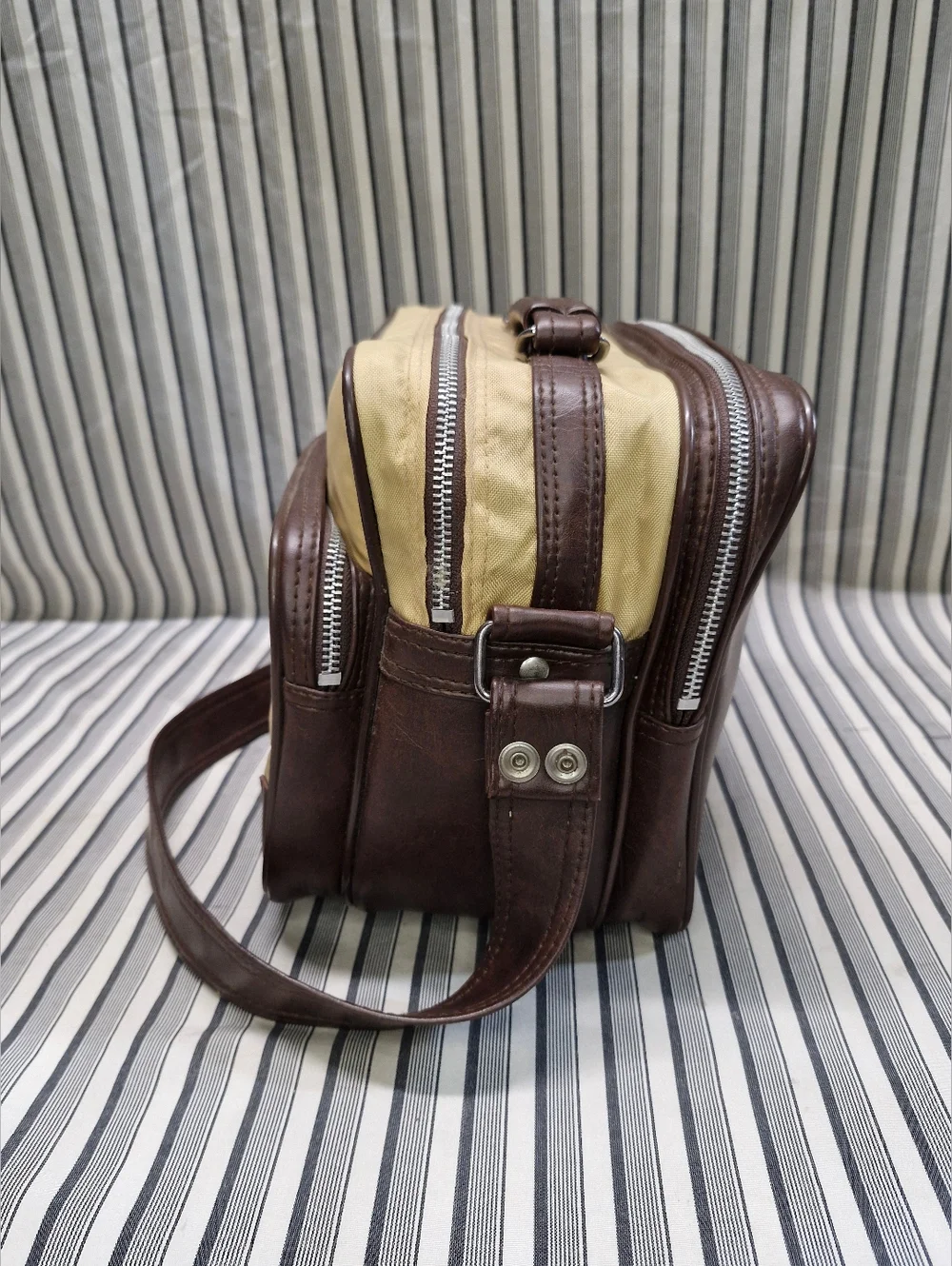 Vintage Camera Bag Canvas & Brown Leather Crossbody Multi Pocket